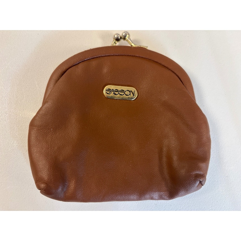Vintage Sasson Brown Kiss Lock Coin Purse Faux Leather Retro Accessory
